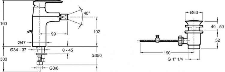 Однорычажный смеситель для биде, донный клапан Jacob Delafon KUMIN E99456-CP