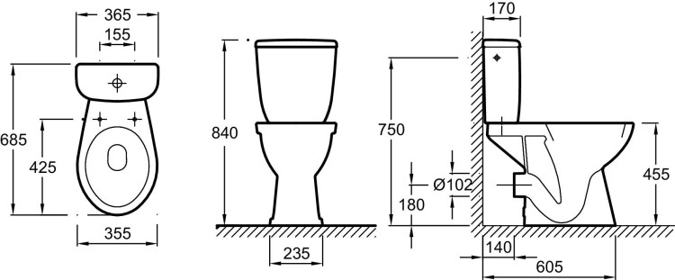 Высокая чаша унитаза, с горизонтальным выпуском Jacob Delafon BRIVE E1730-00