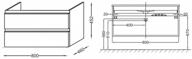Тумба под раковину Jacob Delafon Vox 80 подвесная 2 ящика прямые ручки