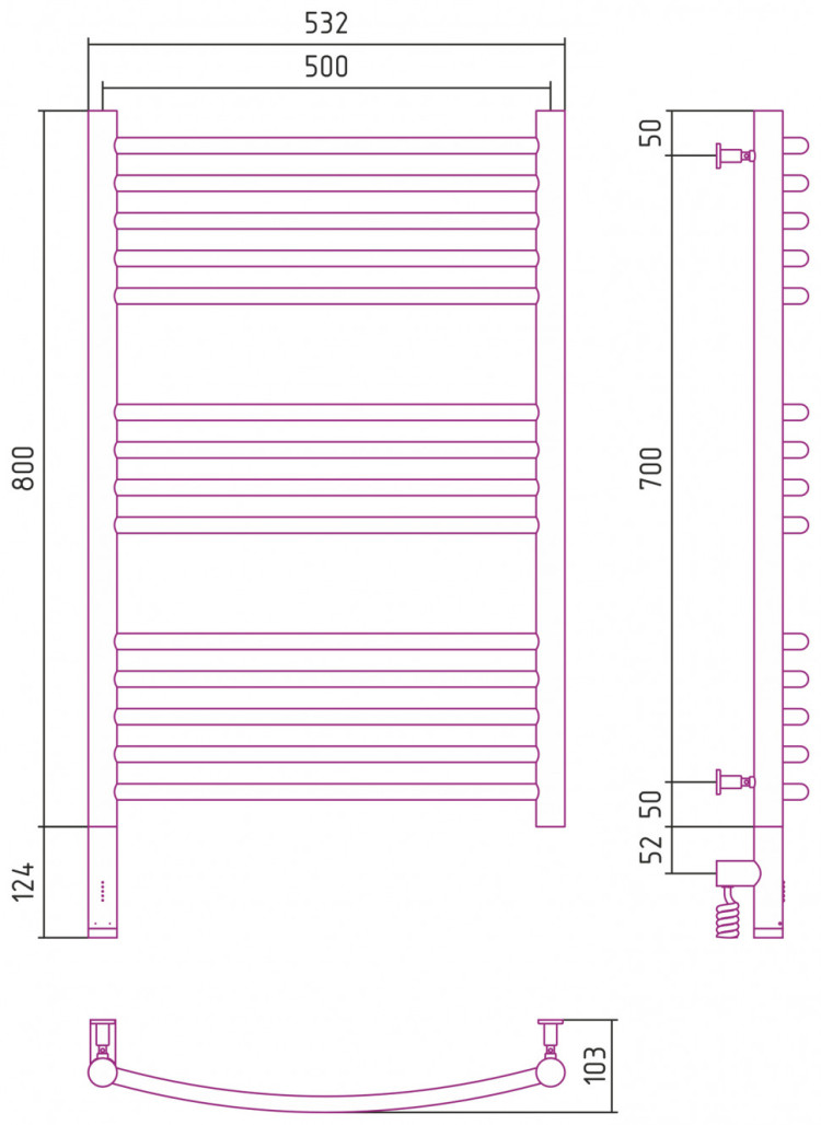 Полотенцесушитель электрический Сунержа Богема 3.0 выгнутая 800х500 МЭМ левый Тёмный титан муар