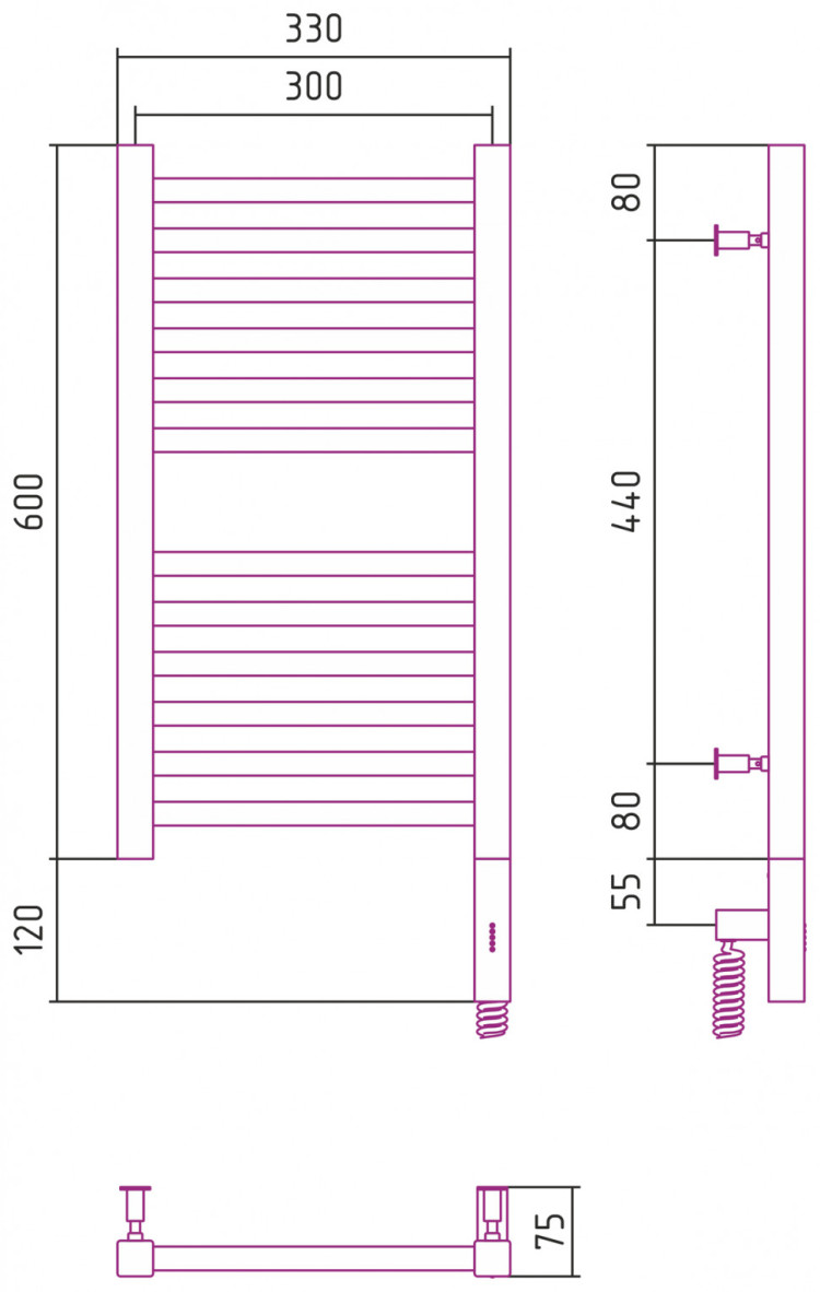 Полотенцесушитель электрический Сунержа Модус 3.0 600x300 МЭМ правый Матовый чёрный