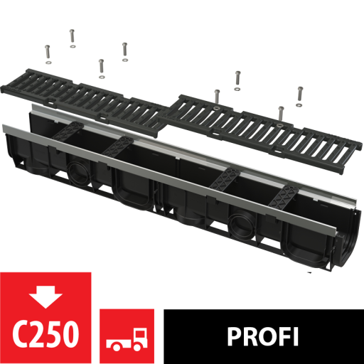 Дренажный канал 100 мм с металлической рамой и чугунной решеткой C250 Alcadrain AVZ103-R202