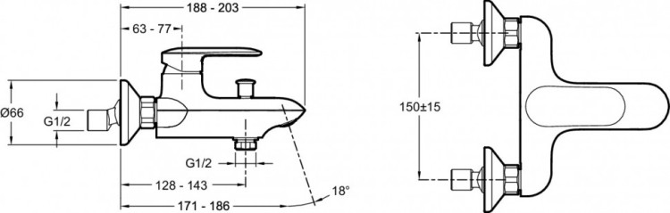 Однорычажный настенный смеситель для ванны/душа Jacob Delafon KUMIN E99460-CP
