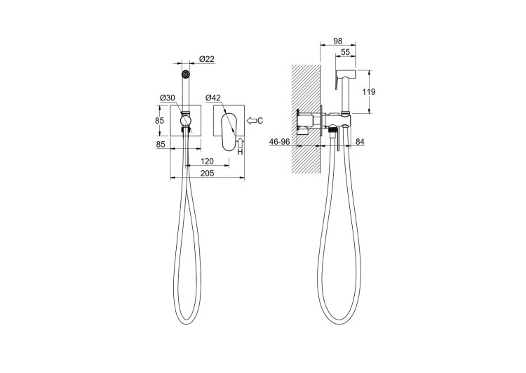 Комплект для гигиенического душа встроенный 2 отв. (смеситель + гигиеническая лейка + шланг) Aquatek AQ1220CR ОБЕРОН
