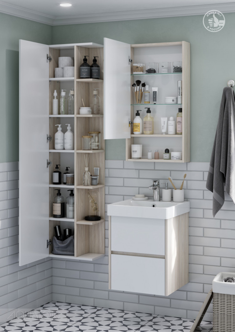 Шкаф - колонна AQUATON Сканди с зеркалом белый, дуб верона 1A253403SDB20