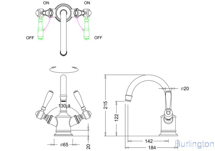 Смеситель для раковины, 1 отв, ручки - леверы чёрные, никель [ARC14 + ARC66 NKL]