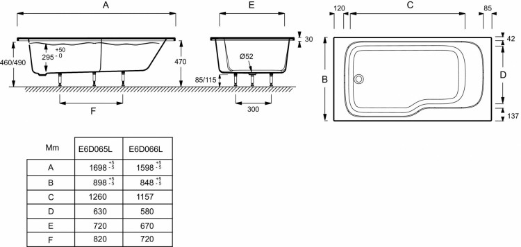 Ванна 170 х 90 см, левосторонняя Jacob Delafon BAIN-DOUCHE MALICE E6D065L-00