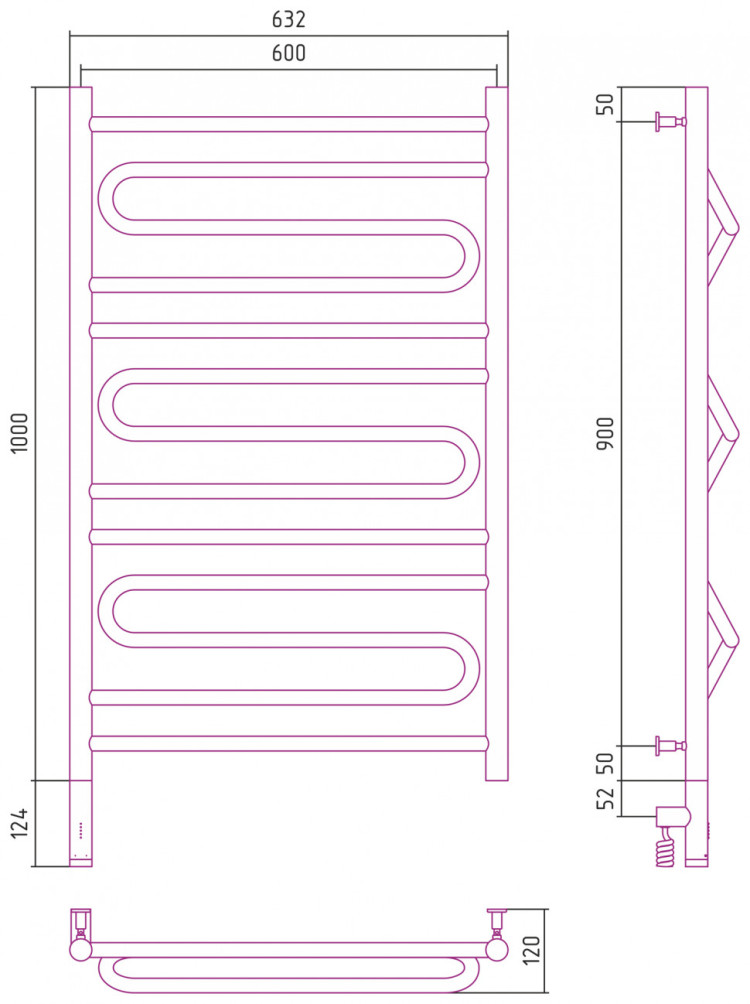 Полотенцесушитель электрический Сунержа Элегия 3.0 1000х600 МЭМ левый Шампань