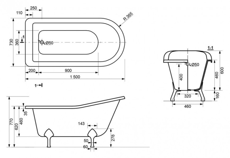 Ванна из искусственного камня Эстет Царская 150x73