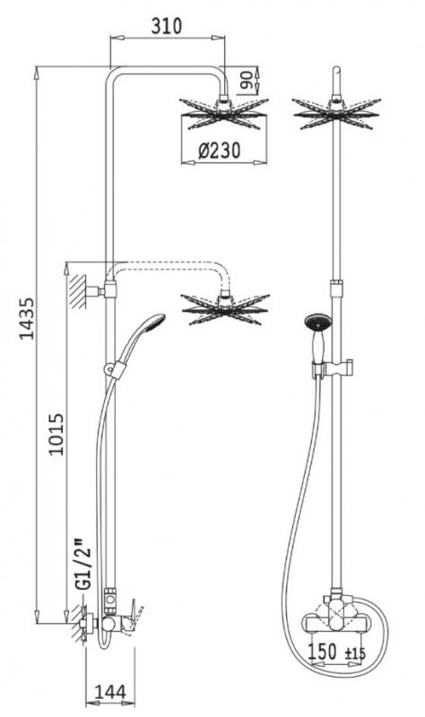 Душевая стойка телескопическая со смесителем, с верхним и ручным душем, верхний душ диаметр 230 мм из ABC Cezares CZR-B-CDA-01