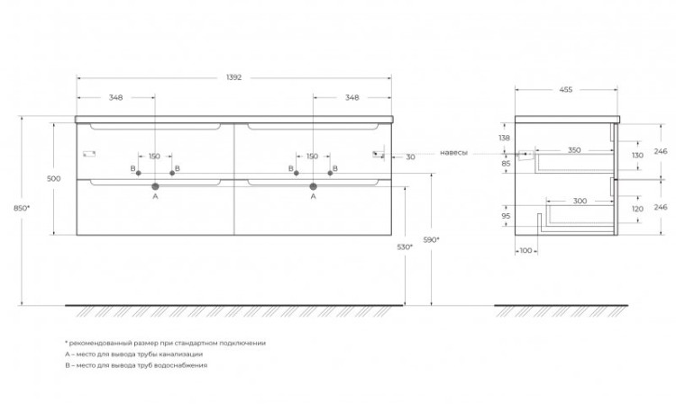 База под керамическую раковину подвесная с двумя выкатными ящиками BelBagno ETNA-700-2C-SO-BL-P