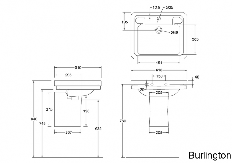 Раковина 61 см на 1 или 3 отверстия с полупьедесталом