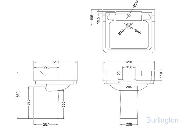 Раковина 61 см на 1 или 3 отверстия с полупьедесталом