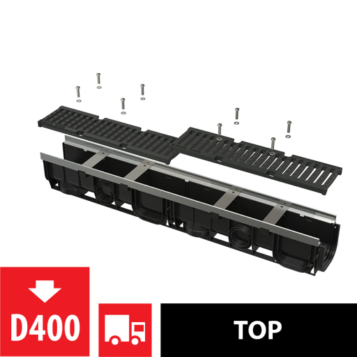 Дренажный канал 100 мм с металлической рамой и чугунной решеткой D400 Alcadrain AVZ103-R201