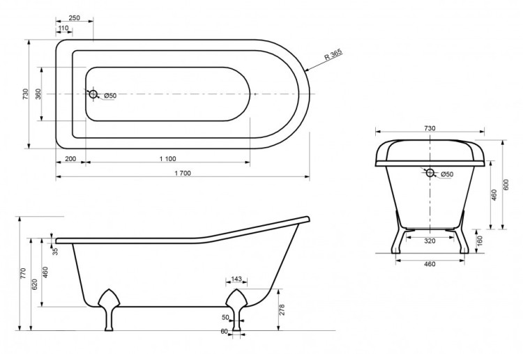 Ванна из искусственного камня Эстет Царская 170x73
