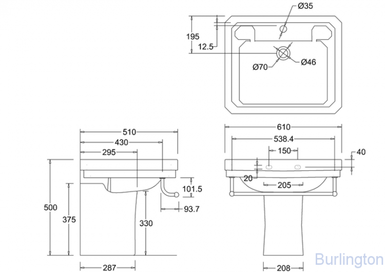 Раковина 61 см на 1 или 3 отверстия с полупьедесталом и полотенцедержателем