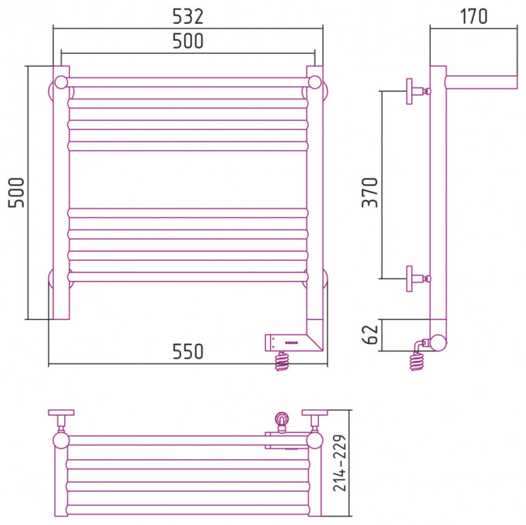 Полотенцесушитель электрический Сунержа Богема с полкой 2.0 500х500 МЭМ правый Без покрытия