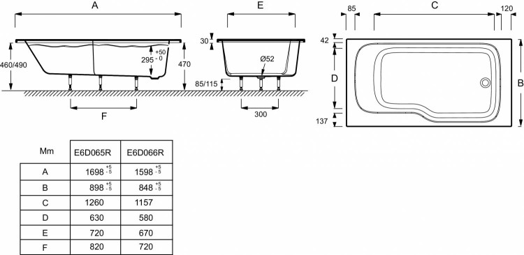 Ванна 160 х 85 см, правосторонняя Jacob Delafon BAIN-DOUCHE MALICE E6D066R-00