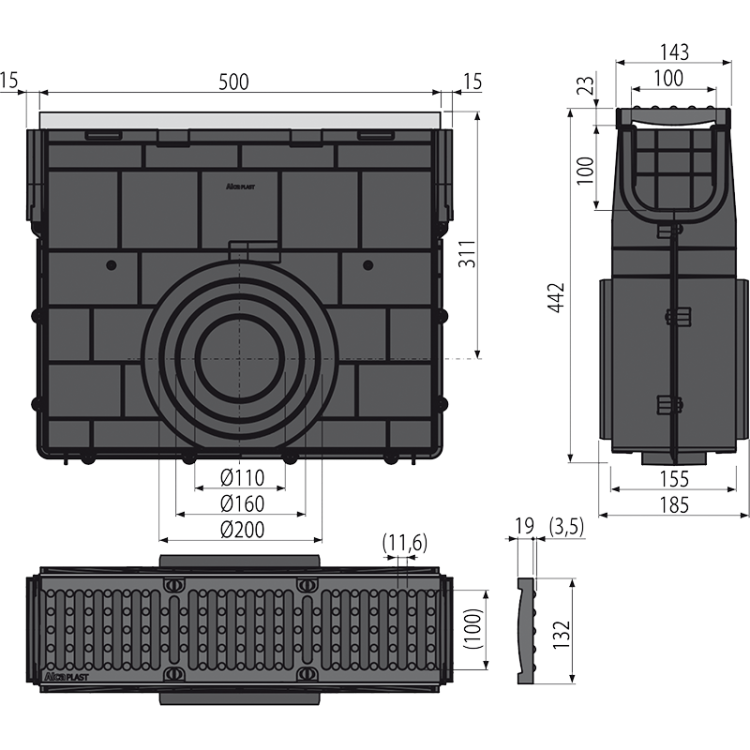 Пескоуловитель для дренажного канала AVZ103 с металлической рамой и чугунной решеткой D400 Alcadrain AVZ103R-R201