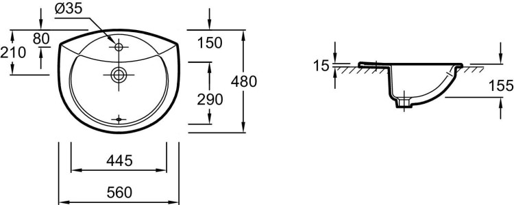 Встраиваемая накладная раковина 56 х 48 см Jacob Delafon ODEONE1061-00
