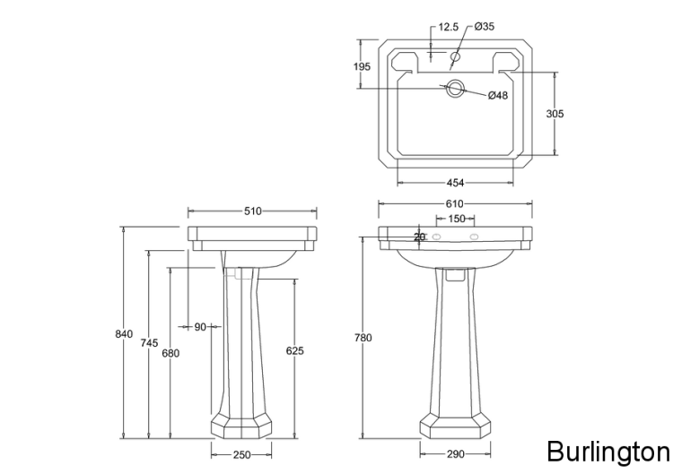 Раковина 61 см на 1 или 3 отверстия с пьедесталом