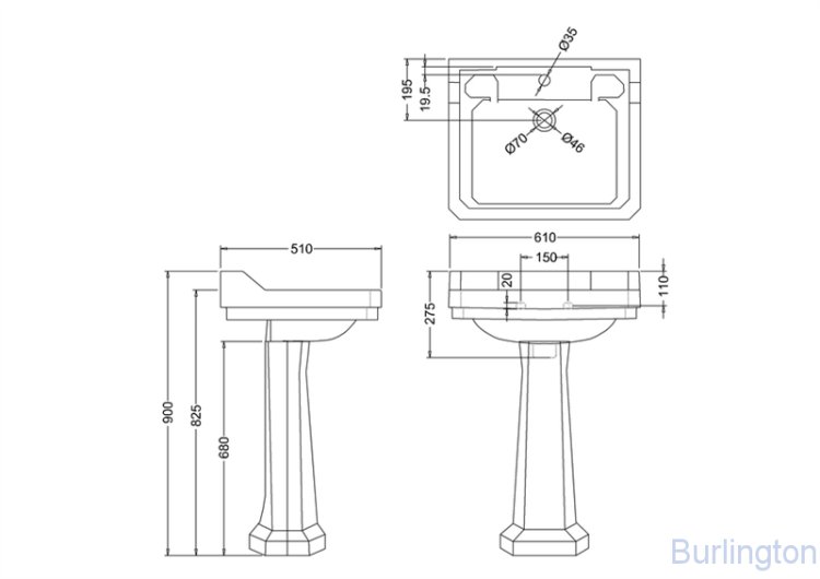 Раковина 61 см на 1 или 3 отверстия с пьедесталом