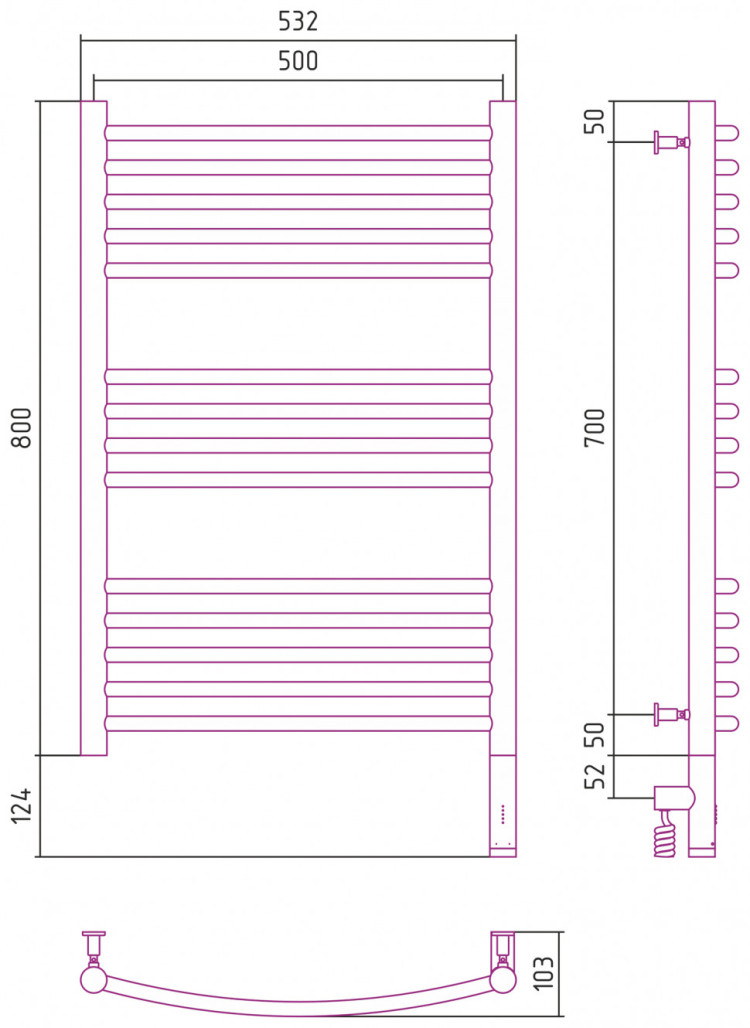Полотенцесушитель электрический Сунержа Богема 3.0 выгнутая 800х500 МЭМ правый Золото