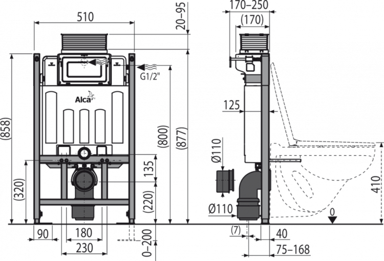 Скрытая система инсталляции для сухой установки (для гипсокартона), управление сверху или спереди Alcadrain AM118/850 Sádromodul