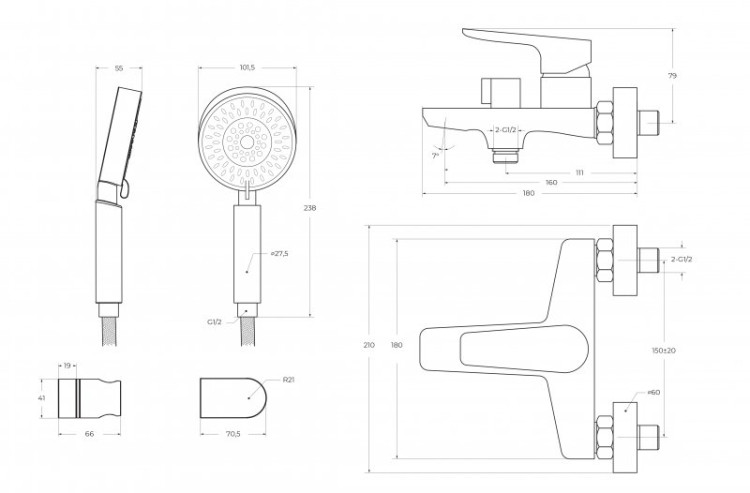 Смеситель для ванны и душа в комплекте с ручным душем, шлангом и держателем Cezares ANCONA-VAS/DFS-CRM