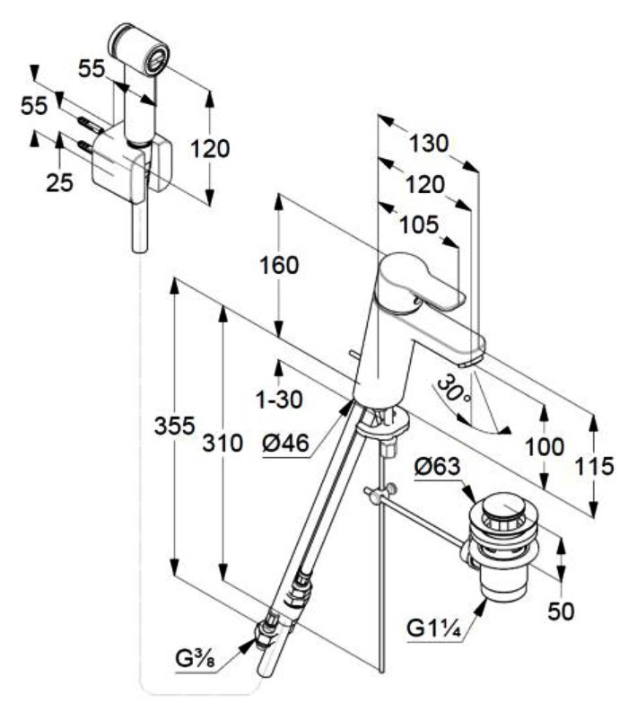 Смеситель для раковины Kludi Pure&Easy 372590565 с гигиеническим душем