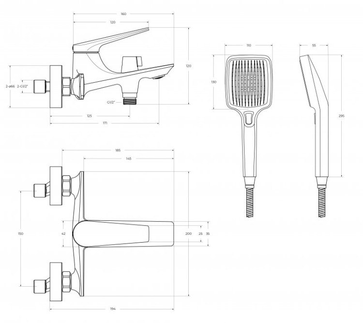 Смеситель для ванны и душа в комплекте с ручным душем, шлангом и держателем Cezares LINER-VD-GM