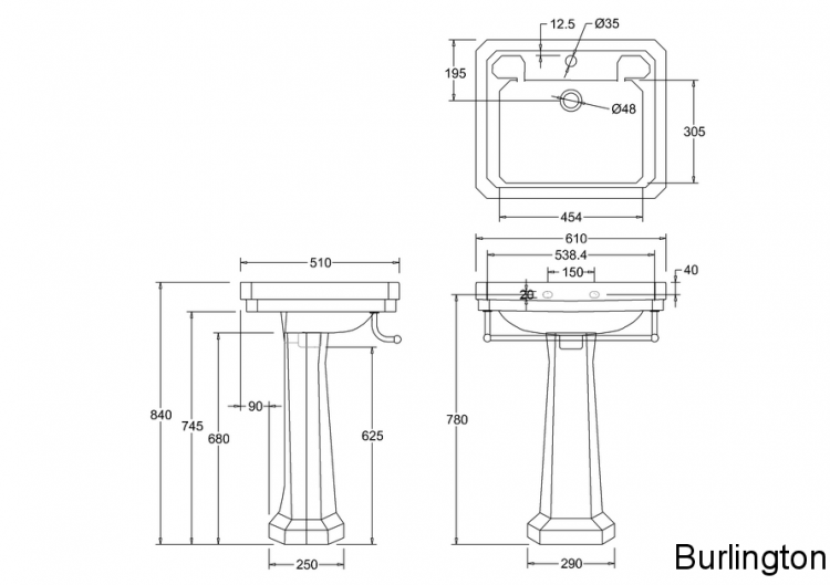 Раковина 61 см на 1 или 3 отверстия с пьедесталом и полотенцедержателем