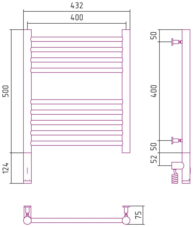 Полотенцесушитель электрический Сунержа Богема 3.0 прямая 500х400 МЭМ левый Матовый чёрный