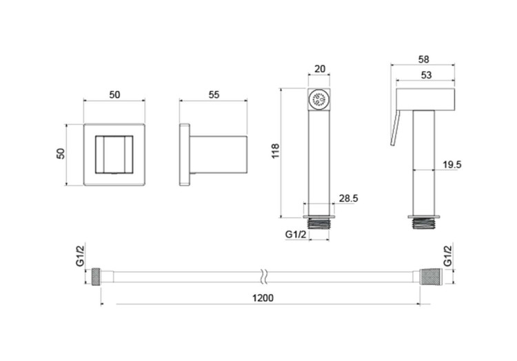 Гигиенический ручной душ со шлангом 120 см и держателем Aquatek, матовый черный AQ2053MB