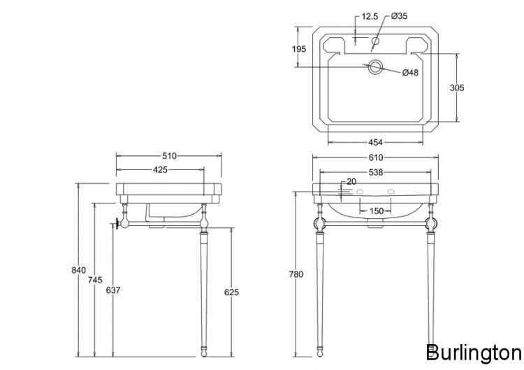 Раковина 61 см на 1 или 3 отверстия с хромированным подстольем