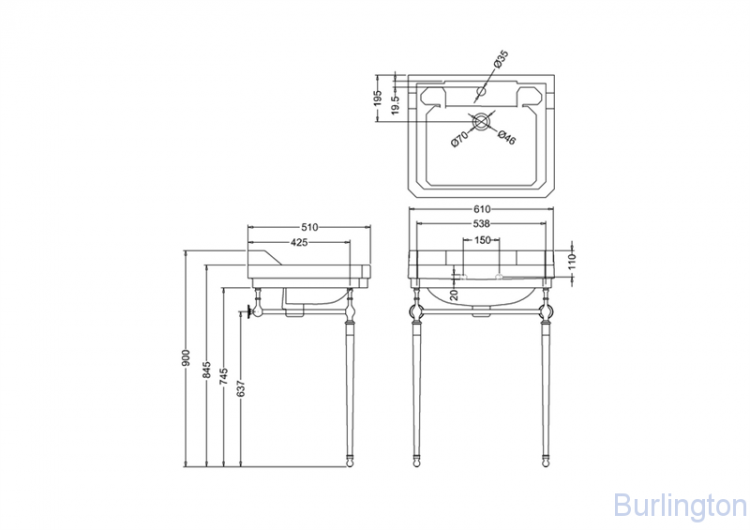 Раковина 61 см на 1 или 3 отверстия с хромированным подстольем