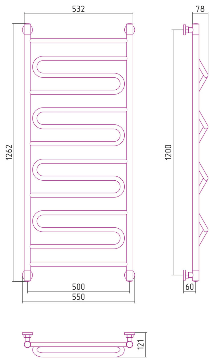 Полотенцесушитель водяной Сунержа Элегия+ 1200х500 Без покрытия