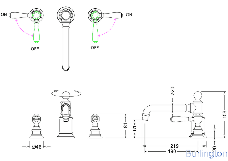 Смеситель для раковины, 3 отв, ручки - леверы белые, хром [ARC15 CHR + ARC65 CHR]