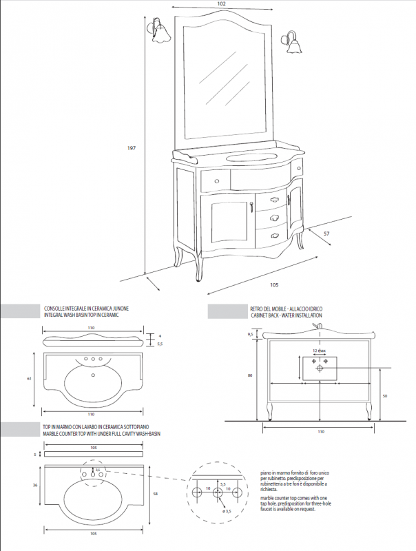 Керамическая раковина AZZURRA Junone 110x61 Cezares GIU200110/ALZA