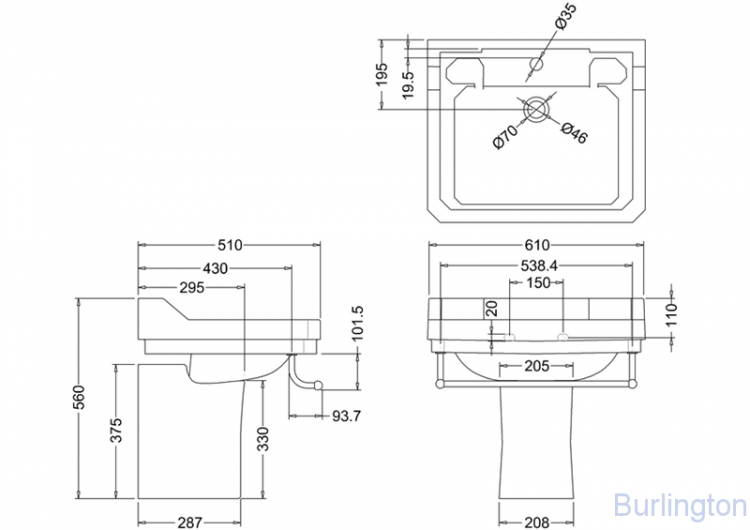 Раковина 61 см на 1 или 3 отверстия, c полупьедесталом и полотенцедержателем