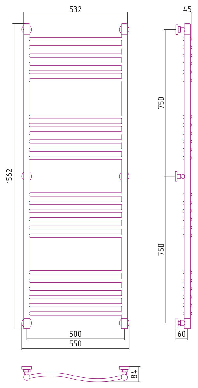 Полотенцесушитель водяной Сунержа Флюид+ 1500х500 Без покрытия