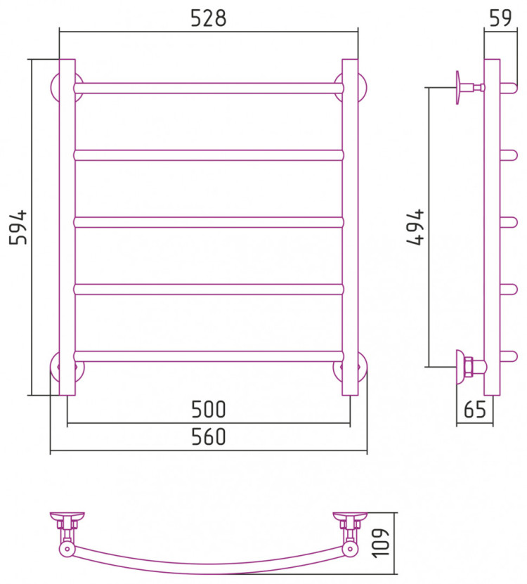 Полотенцесушитель водяной Стилье Версия-Н2 600х500 (5) Г 18 Чёрный
