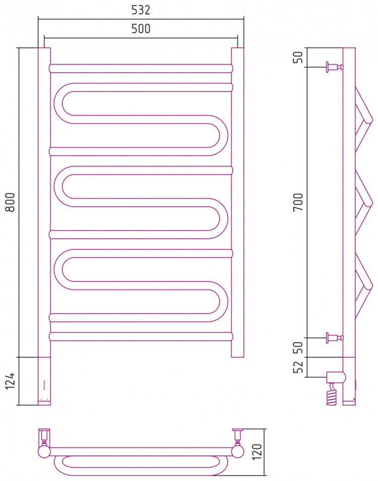 Полотенцесушитель электрический Сунержа Элегия 3.0 800х500 МЭМ левый Матовый чёрный