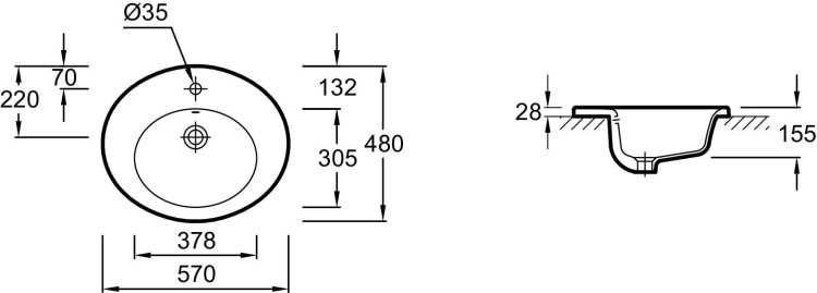 Встраиваемая раковина 57 х 48 см с заглушкой для переливного отверстия Jacob Delafon OVEE1524-00