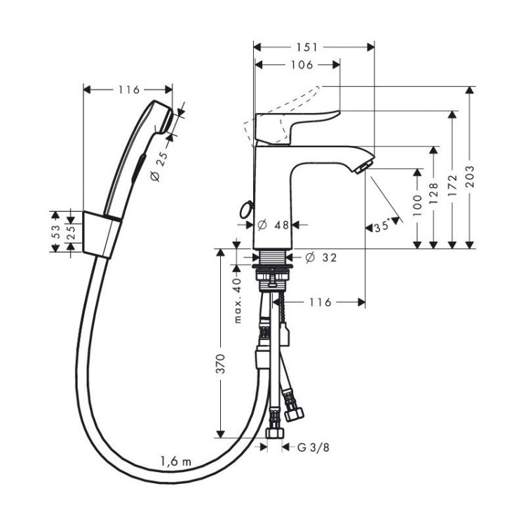 Смеситель для раковины Hansgrohe Metris 31285000 с гигиеническим душем