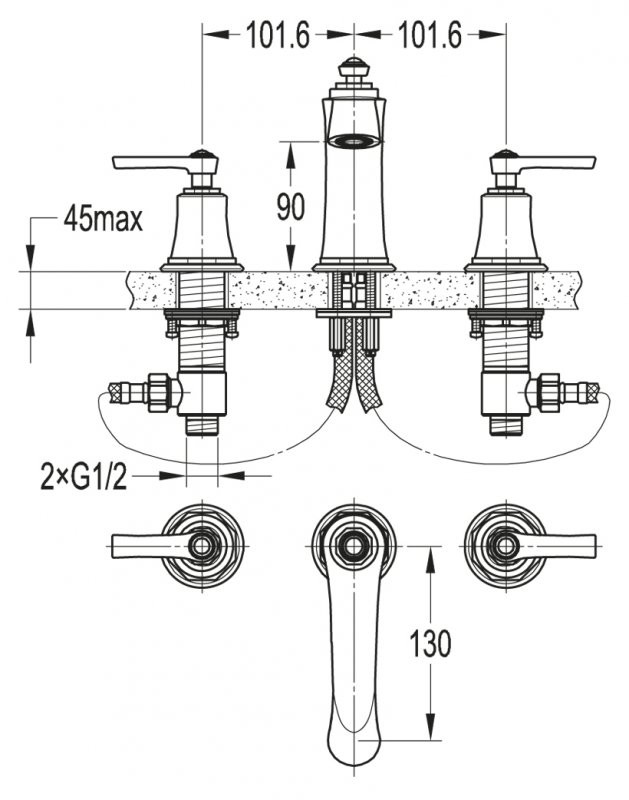 Смеситель для раковины на три отверстия. без донного клапана Cezares LIBERTY-F-BLS-01-W0