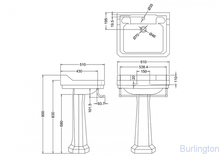 Раковина 61 см на 1 или 3 отверстия, c пьедесталом и полотенцедержателем