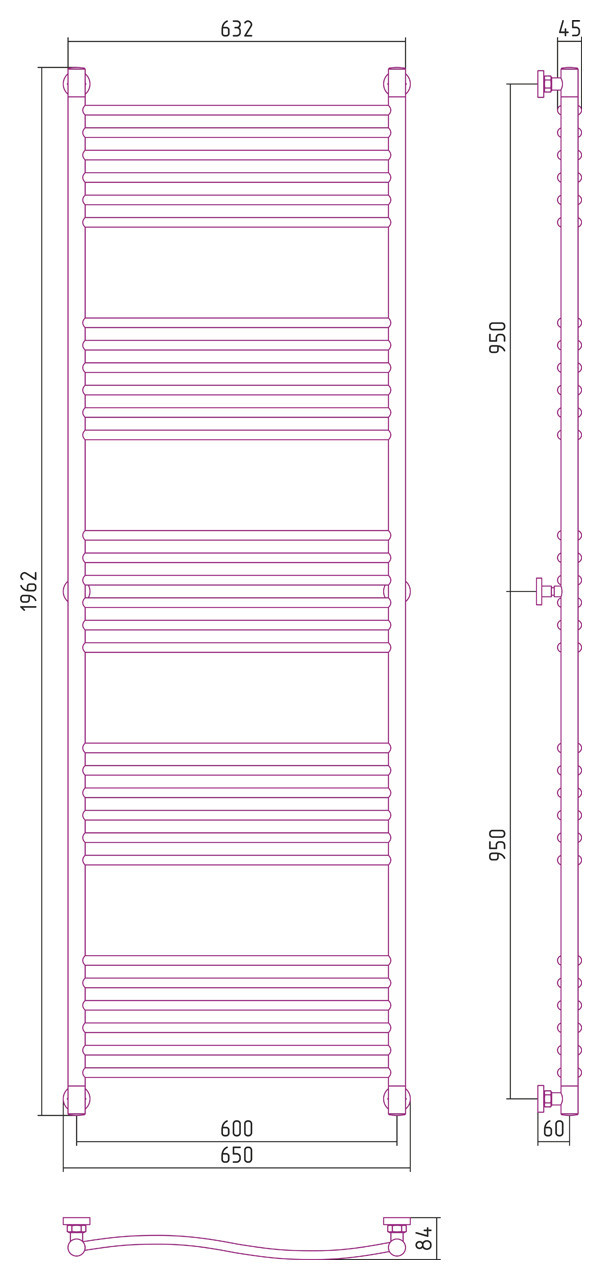 Полотенцесушитель водяной Сунержа Флюид+ 1900х600 Матовый чёрный