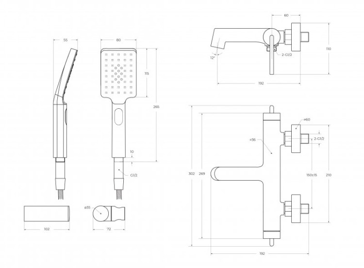 Смеситель для ванны и душа в комплекте с ручным душем, шлангом и держателем Cezares ACQUA-VASM/DFS-CRM