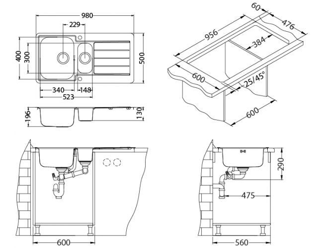 Мойка LINE MAXIM 10-SAT 980X500 1+1/2 с сифоном 1130555 ,